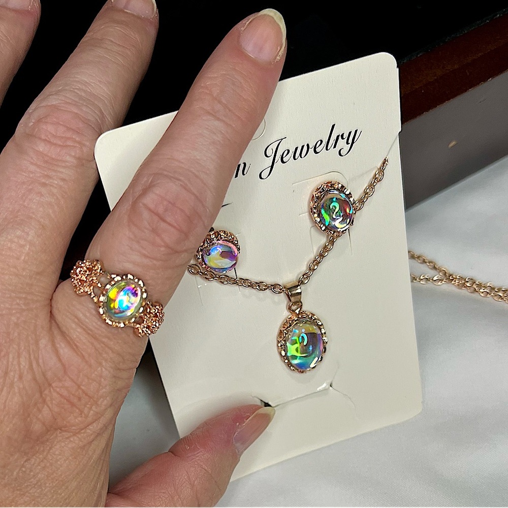 🫟 3/$25 Rose Gold Tone 3 Piece Fashion Jewelry Set | Oval Stone |Size 8 Ring